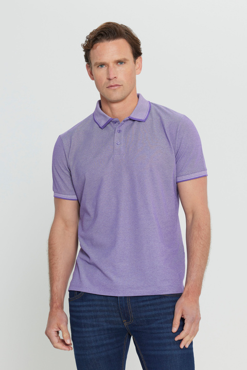AC&Co / Altınyıldız Classics Erkek Çekmeyen Pamuklu Kumaş Slim Fit Dar Kesim Mor-Beyaz Kıvrılmaz Polo Yaka Tişört