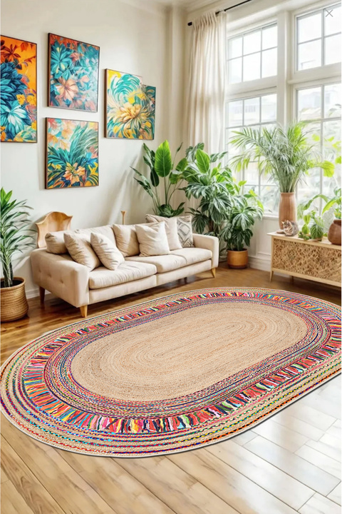 MUA HOME DECOR Oval Hasır Desen Dijital Baskı Yıkanabilir Kaymaz Taban Salon Mutfak Balkon Halısı Yolluk