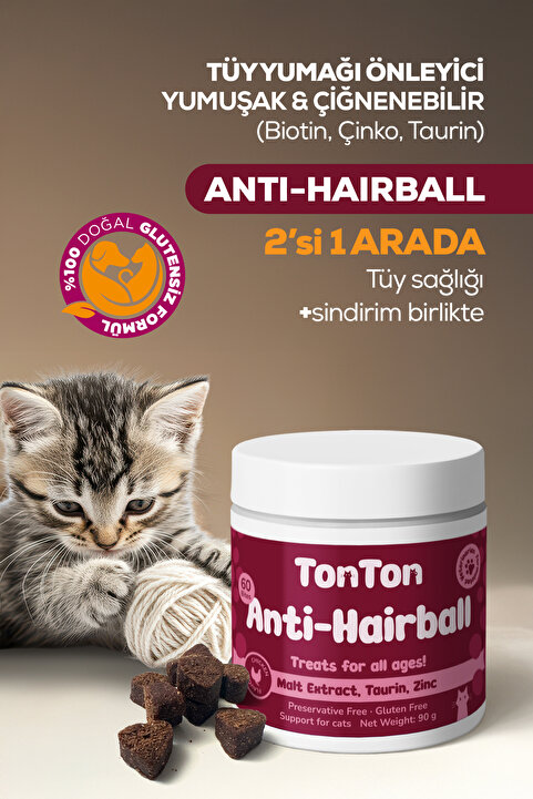 Tonton Glutensiz Anti-Hairball | Tüy Yumağı Önleyici, Yumuşak ve Çiğnenebilir | Biotin, Çinko, Taurin