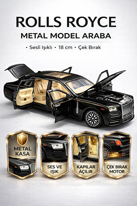YILDIRIM OYUNCAK 1:24 Çek Bırak Işıklı Ve Sesli Metal Rolls Royce-açılabilir Kapılar Sesli Işıklı Model Araba 18 Cm