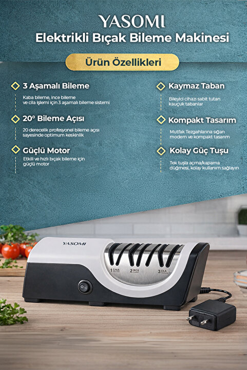 Yasomi H1225 3 Aşamalı Profesyonel 20 Derece Bileme Kenarı Elektrikli Bıçak Bileyici