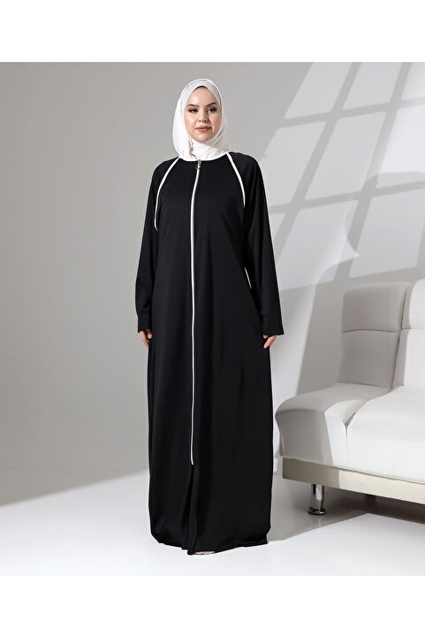 Berel Moda Boydan Fermuar Kapamalı Denye Günlük Oversize Namaz Ferace - Siyah