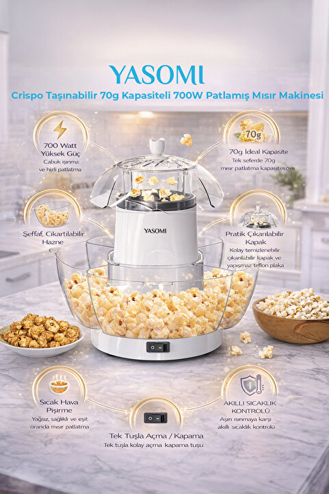 Yasomi Crispo Taşınabilir 70g Kapasiteli Patlamış Mısır Makinesi