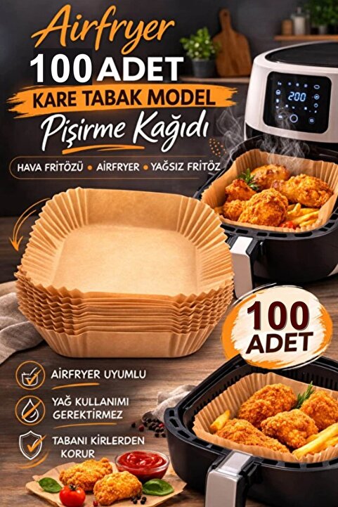 Kitchen Beauty Airfryer Pişirme Kağıdı 100 Adet Hava Fritözü Kare Model Pişirme Kağıdı Airfryer Yağsız Firitöz