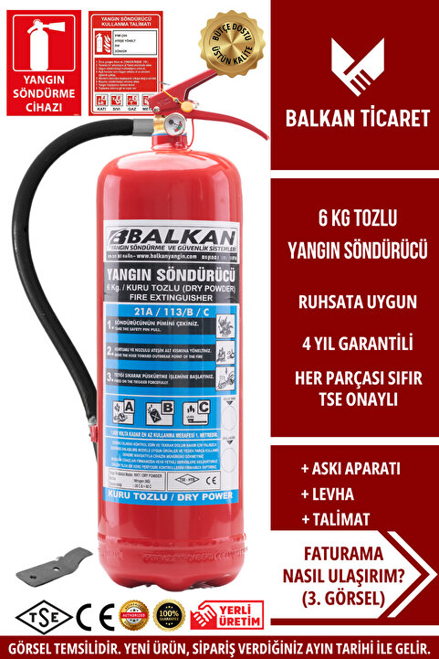 Balkan Ticaret Yangın Söndürme Tüpü 6 Kg Tozlu 4 Yıllık Ruhsata Uygun (Askı Aparatı, Levha, Talimat)