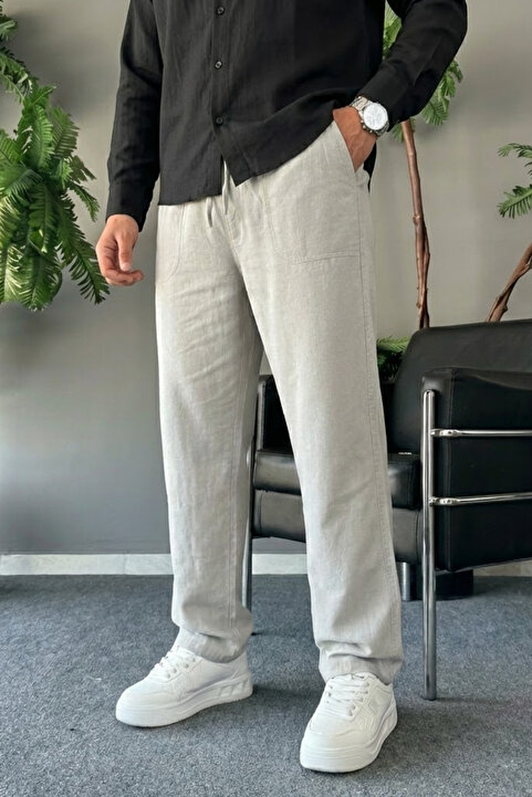 COMBİNE MİCHAİL Erkek Rahat Yazlık Gri Bol Keten Pantolon