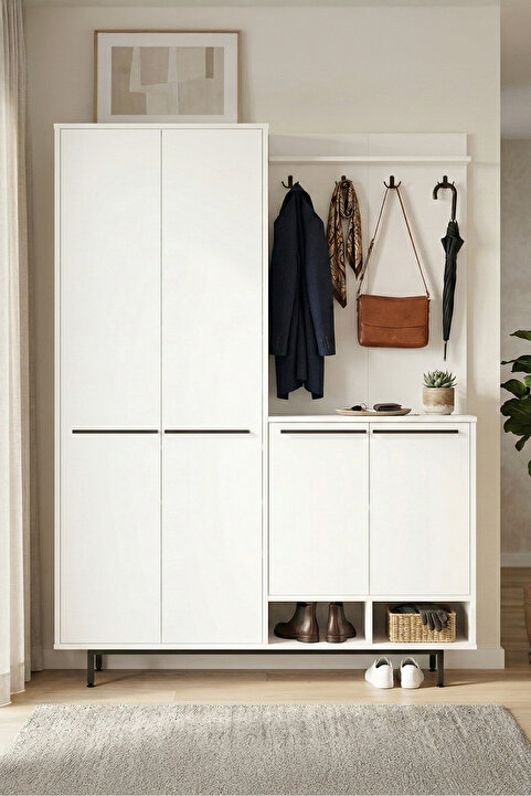 Yurudesign Oasis Portmanto Vestiyer Ayakkabılık Metal Ayaklı Beyaz