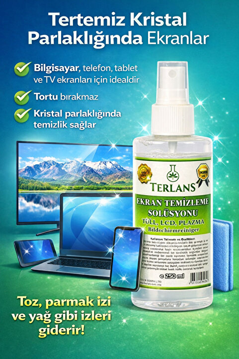 Terlans Profesyonel Ekran Temizleyici 250 ml No-residue Screen Cleaner + Hassas Yüzey Temizleme Bezi