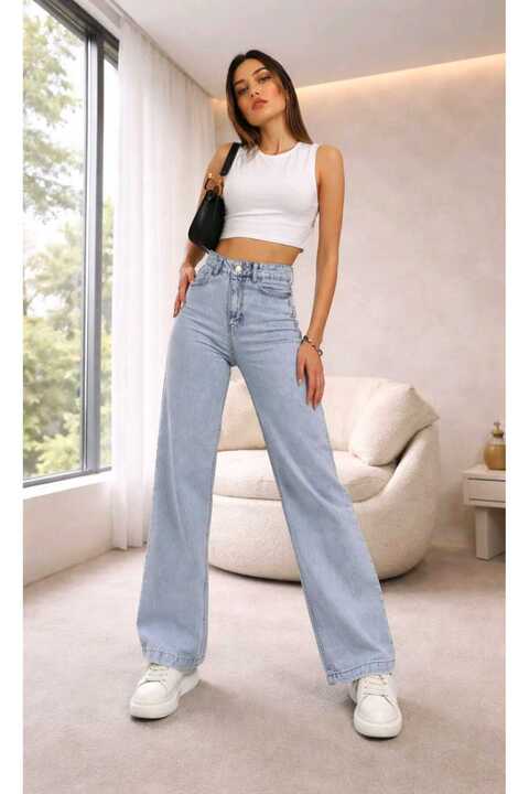 Ramrod Elle Mavi Power Likralı Süper Yüksek Bel Salaş Jeans Palazzo Pantolon (AÇIK MAVİ)