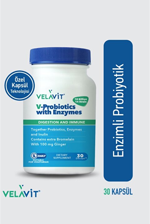 Velavit V-Probiotics with Enzymes - Enzimli Probiyotik - Glutensiz 30 Kapsül - 10 milyar KOB - Probiyotikler ve Sindirim Enzimleri Beraber