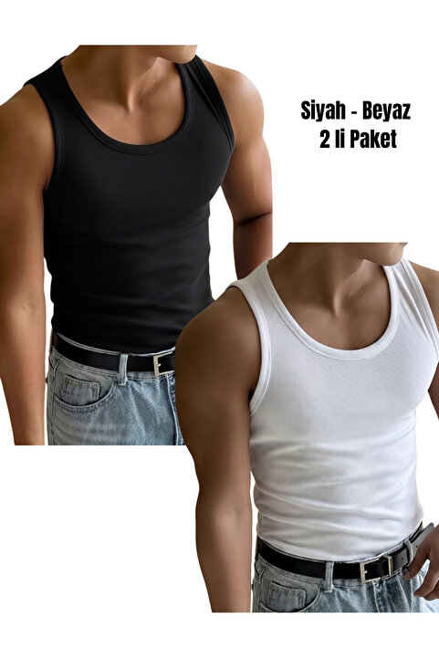Riowela Erkek Halter Yaka Sporcu Likralı Pamuklu Atlet Siyah-beyaz 2’li Paket Erkek Tshirt