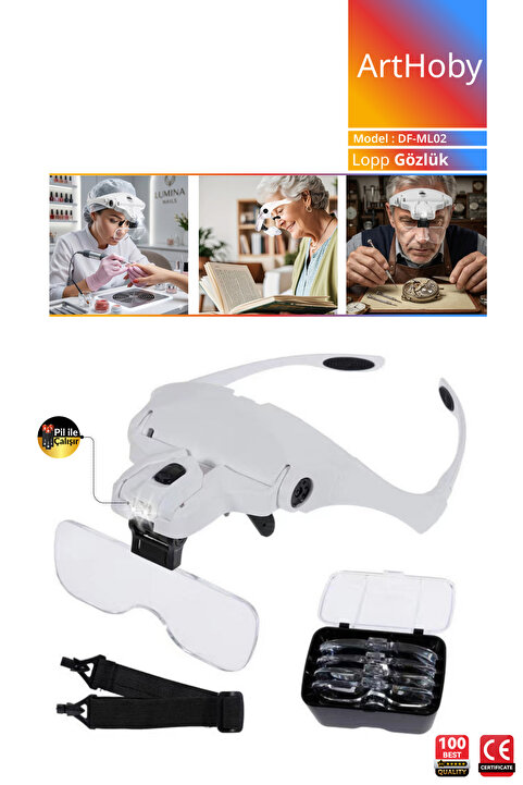 ArtHoby 5 Lensli 2 Led Işıklı Ayarlanabilir Loop Gözlük Tipi Büyüteç - 1.0x - 3.5x Zoom - Üstün Kalite
