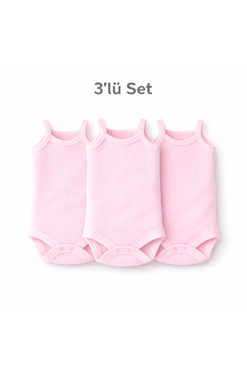 Novibaby 3'lü Jakarlı İp Askılı Bebek Body Zıbın Çıtçıtlı Pembe 100% Pamuk - Bebek Atlet Body Zıbın