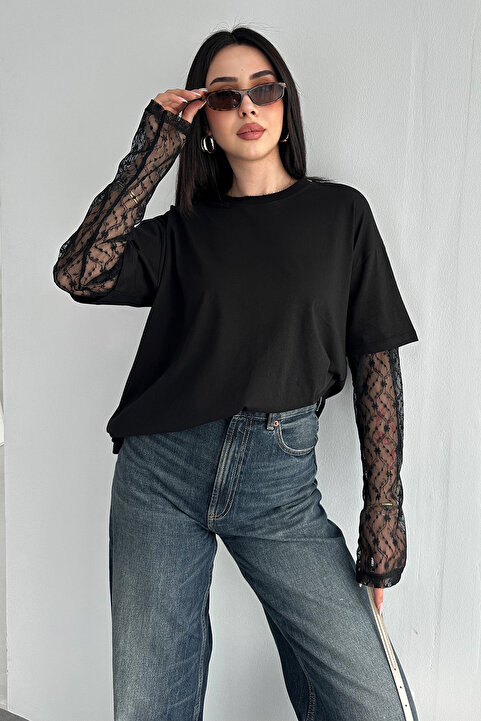 Noa Noa Dantel Kollu Tişört – Black Elegance Tee 2689
