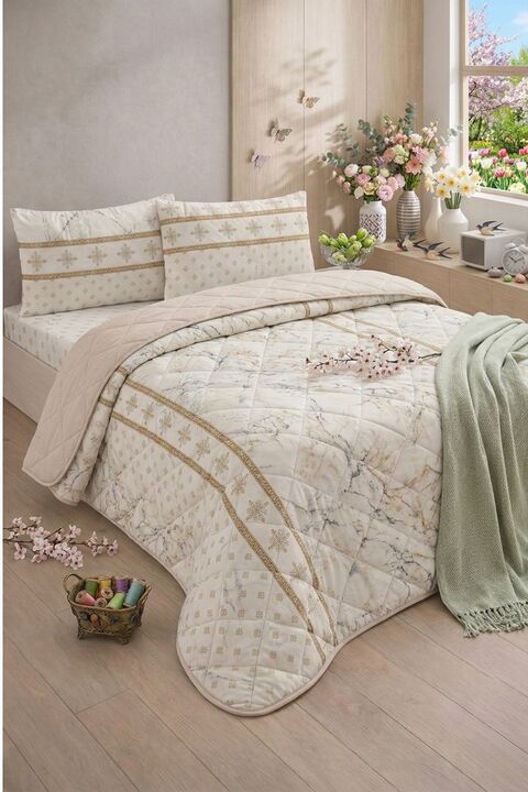 Formeya Kapitoneli Çift Kişilik Desenli Pike - Yatak Örtüsü Takımı 200x230 cm - 2 Adet Yastık Kılıflı