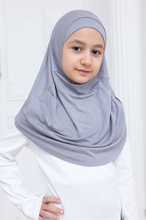 ihvan online Pratik Hazır Geçmeli Çocuk Şal, Rahat Lastikli Hijab Başörtü Gri