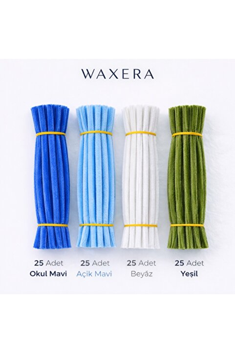 WAXERA 100 Adet Mavi Şönil Seti – Okul Mavi, Açık Mavi, Beyaz ve Ordu Yeşili – 30 cm Şönil