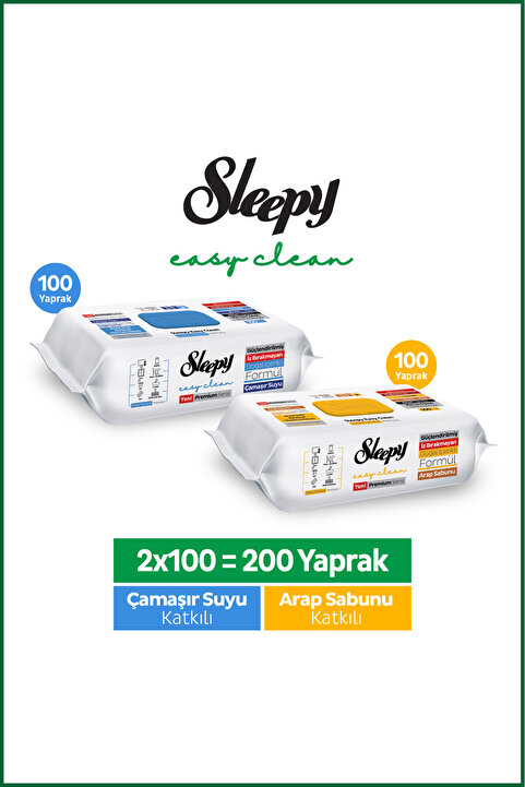 Sleepy Easy Clean Premium Arap Sabunu + Çamaşır Suyu Yüzey Temizlik Havlusu Mendili 100+100(200 Yaprak)