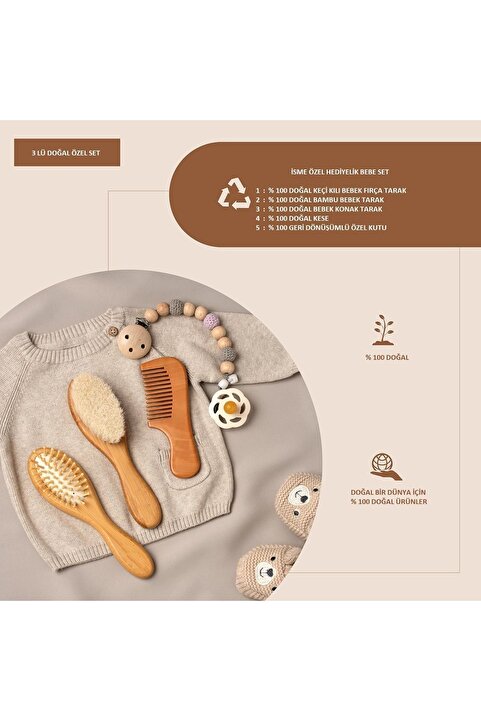 Ayana Cosmetic İsme Özel Hediyelik % 100 Doğal 3 lü set Bebek Fırça + Bambu Tarak + Konak Tarak Kese ve Kutu