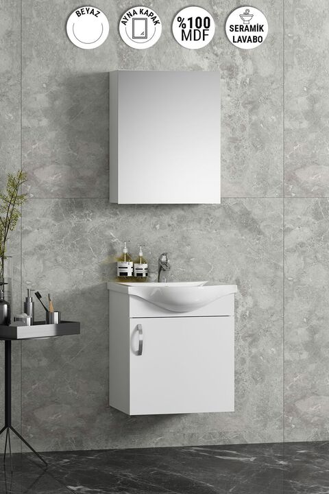 ÖZCEDEN Yıldız 45 cm Beyaz MDF Seramik Lavabolu Asma Banyo Dolabı Takımı