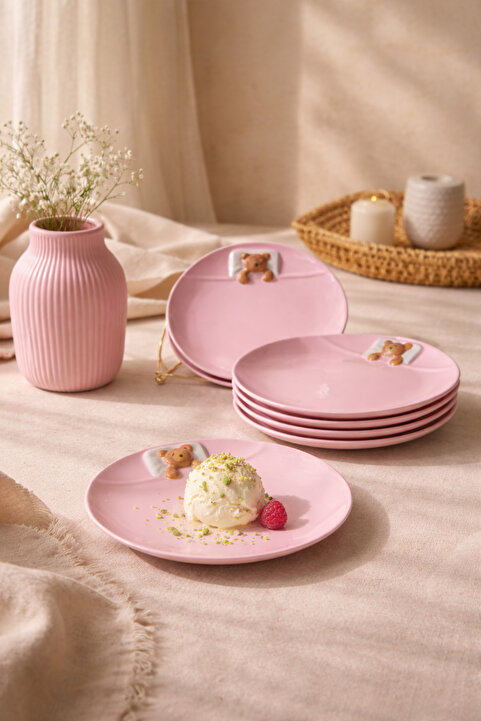 Anadolu Saray 6 Adet Pembe Seramik Yatan Ayı Şekilli Tasarım Handmade Pasta Tabağı Tatlı Kahvaltı Pasta Tabağı Set