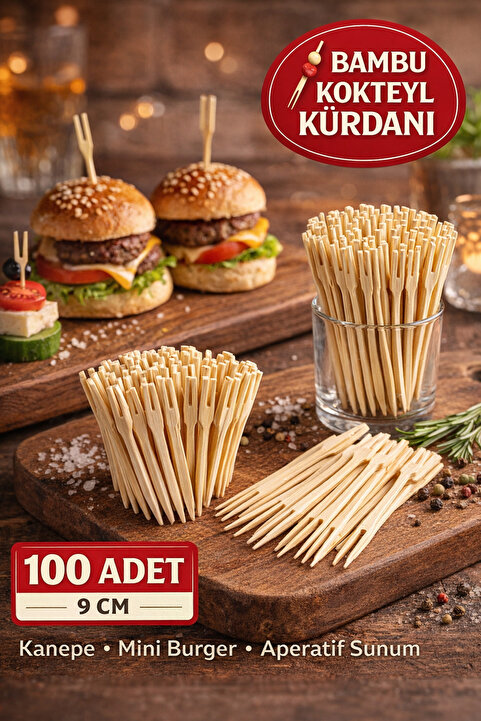 TOYFEST 100 Adet Bambu Çatallı Kürdan 9 cm Kokteyl Kürdanı Aperatif Sunum Kürdanı Mini Burger Kürdanı