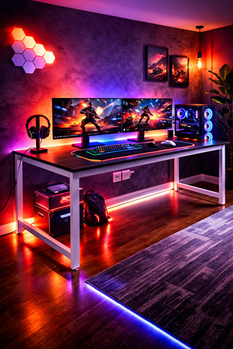 Flinder Siyah/Beyaz Oyuncu Masası 160x60, Bilgisayar Masası, Gamer Masası, Gaming Masa, Metal Ayaklı