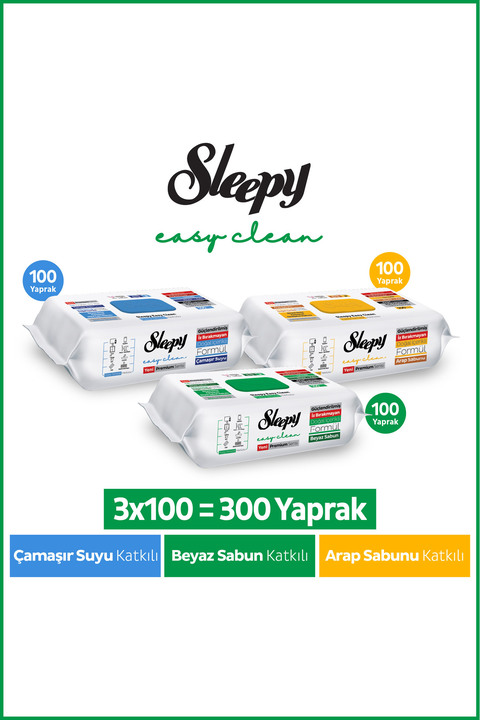 Sleepy Easy Clean Premium Beyaz Sabun+Çamaşır Suyu+Arap Sabunu Yüzey Temizlik Havlusu Mendili 300 Yaprak