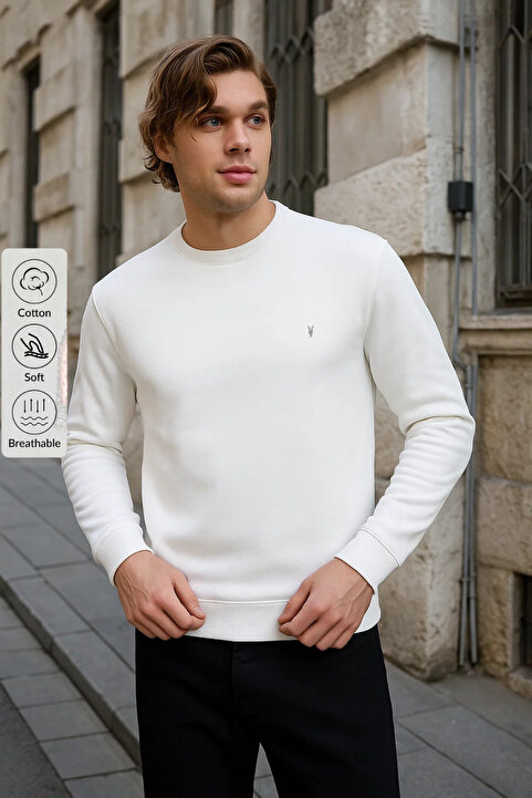COMBİNE MİCHAİL Ekru Renk Basic Bisiklet Yaka Erkek Sweatshirt