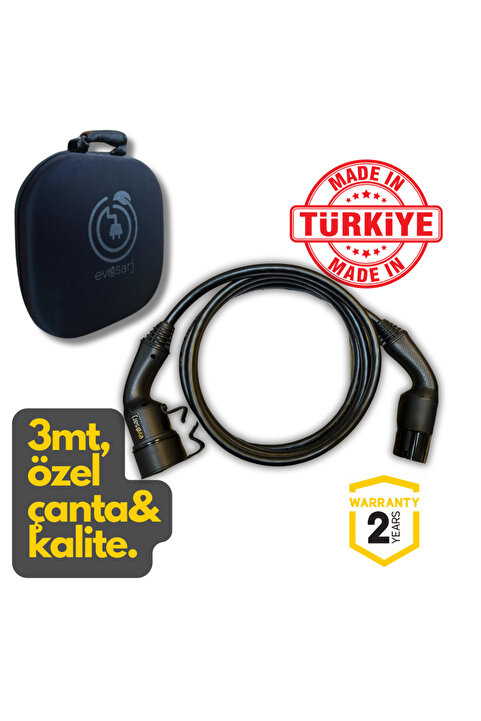 evoşarj Elektrikli Araç Ara Şarj Kablosu 32a, 22kw, 3mt, Tip2, Özel Çantalı