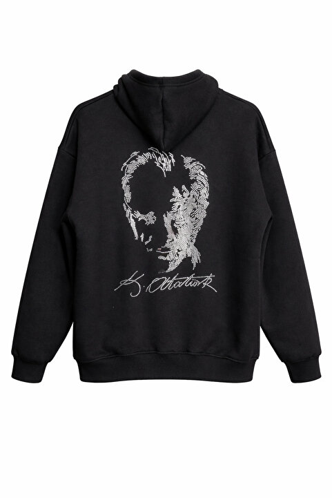 MOONBULL Unisex Atatürk ve Atatürk İmzası Taş Sırt Baskı Detaylı Kanguru Cepli Oversize Kapüşonlu Sweatshirt