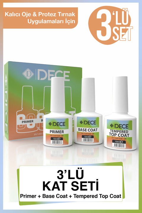 d dece Primer Base Coat Top Coat Seti – Kalıcı Oje & Protez Tırnak İçin 3’lü Kat Seti 10ml