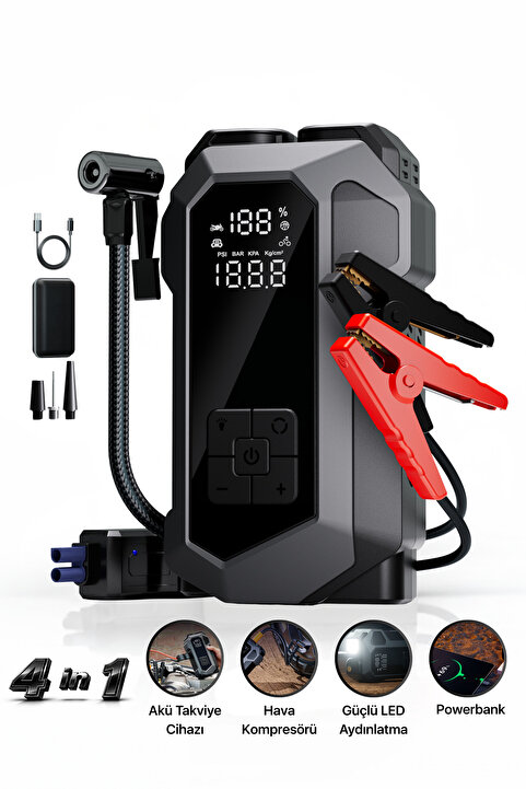 METONTECH 4 in 1 Şarjlı Akü Takviye Cihazı | 16.000 mAh | Akım Koruma | Güçlü Seri | Lastik Şişirme, LED Fener