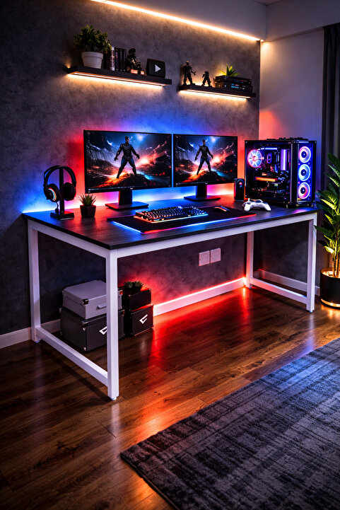 Flinder Siyah/Beyaz Oyuncu Masası 60x140 Cm, Beyaz Renk Bilgisayar Masası, Gamer Masası, Gaming Masa