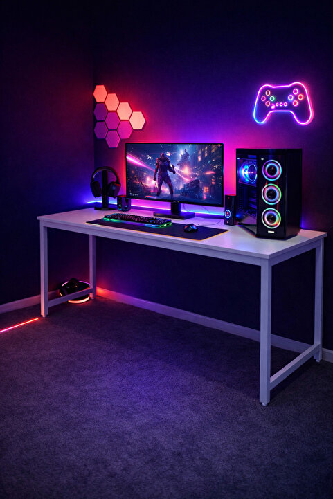 Flinder Beyaz Oyuncu Masası 60x140 Cm, Beyaz Renk Bilgisayar Masası, Gamer Masası, Gaming Masa