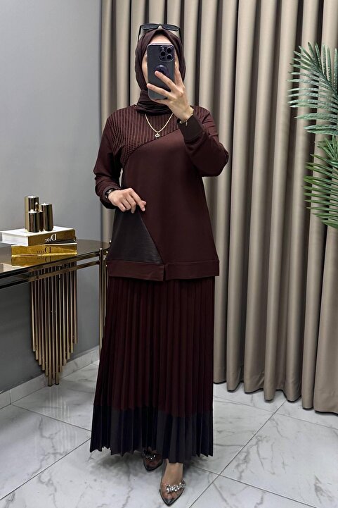 mercan moda BETÜL TAKIM KAHVERENGİ Kristal Belis Pamuklu Kumaş Deri ve File Detaylı Etekli Takım