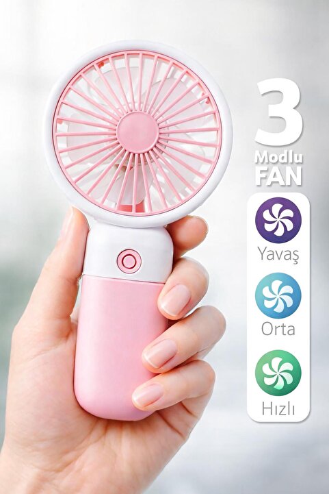 Telvesse Standlı 3 MOD Şarjlı El Fanı 3 Kademe Seyahat Masaüstü Vantilatör Taşınabilir Mini Fan Pembe F139