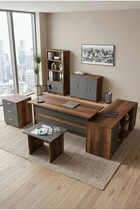 Yurudesign Vario ABCDEF Ofis Büro Masa Takımı Çalışma Masası 3 Kitaplık Dolap Keson Sehpa Barok Antrasit Set