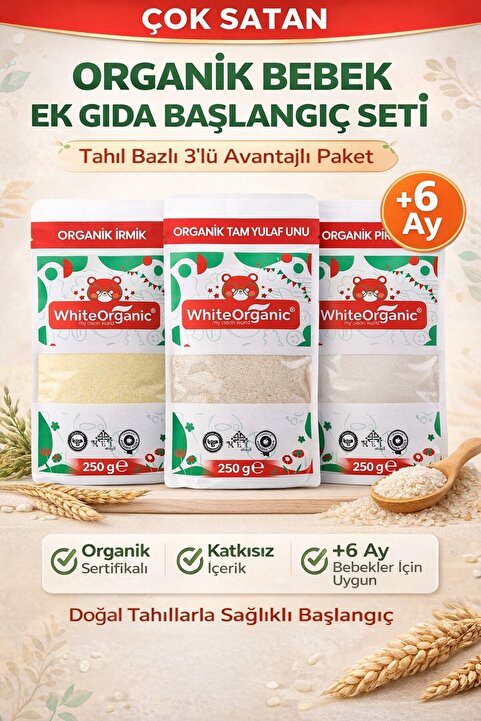 White Organic Organik Bebek Ek Gıda Başlangıç Seti +6 Ay İrmik+Pirinç Unu+Yulaf Unu