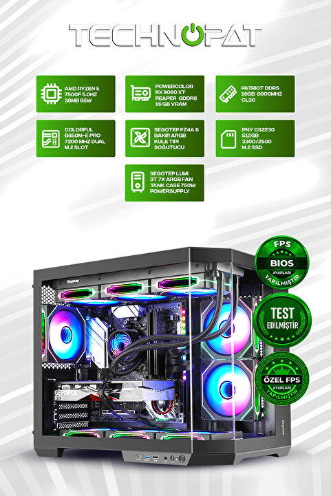 Gamers Arena Technopat GA RX 9060 XT AMD RYZEN 5 7500F 16 GB DDR5 512 GB SSD 750W GEN5 OEM PAKET