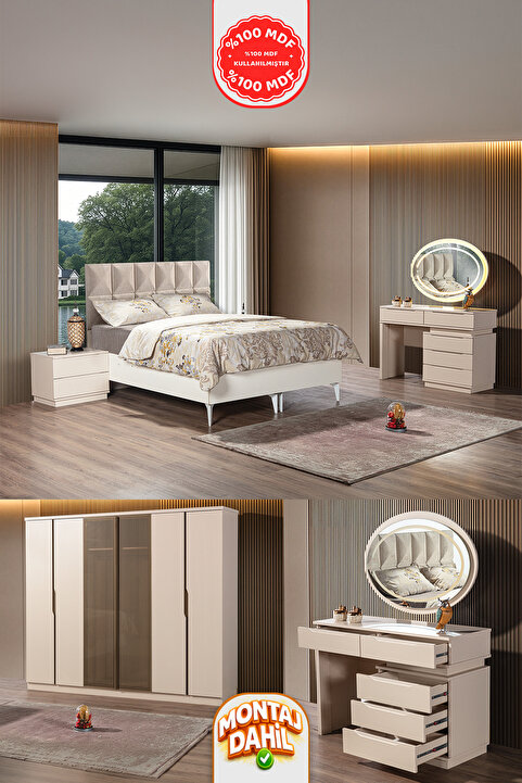 İMBAŞ Çeşme Vizon Yatak Odası Takmı %100 MDF - Bazalı