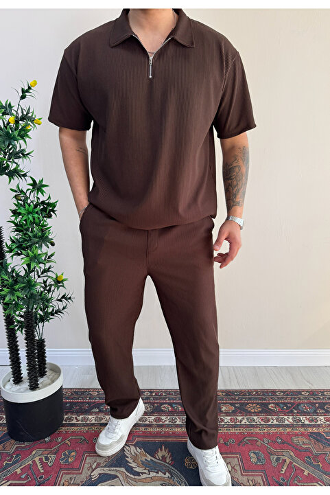 blucombin Erkek Fitilli Polo Yaka Tişört ve Baggy Pantolon Takım
