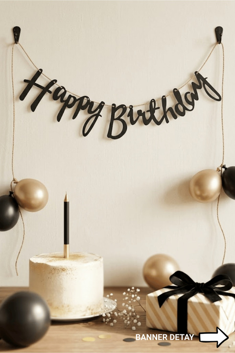Bunloon Happy Birthday Yazı Banner Siyah Doğum Günü Süsleme 110 cm