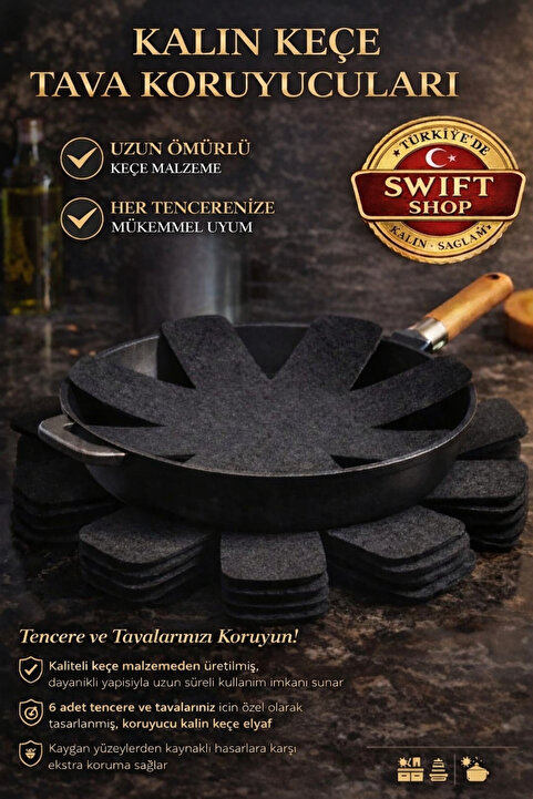 Swift Shop Siyah Kalın Tencere,tava&Borcam Koruyucu Çizdirmez Elyaf Keçe6'lı Set30x30Cm Tava Koruyucu Çizdirmez