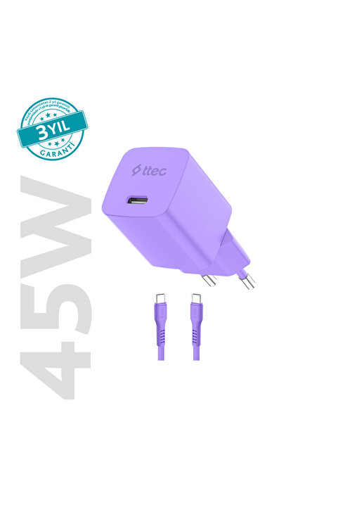 Ttec SmartCharger GAN 45W AVS PD Seyahat Hızlı Şarj Aleti + USB-C - USB-C 3A 120 cm Kablo Neon