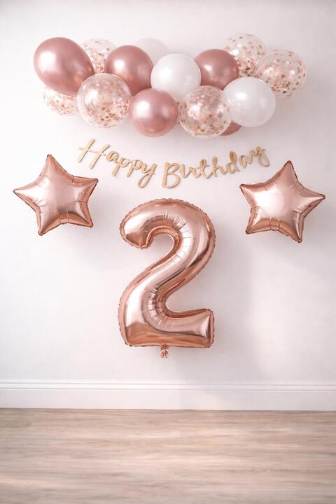 Patladı Gitti Rose Gold Konsept 2 Yaş Doğum Günü Kutlama Seti; Beyaz Gold Konfetili Balon, Rakam Yıldız Folyo ve B