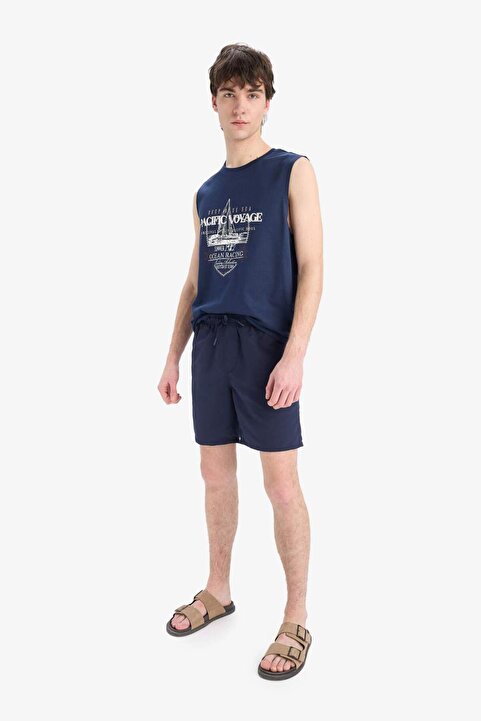 Defacto Regular Fit Kısa Boy Cepli File Astarlı Beli Bağcıklı Düz Hafif Kumaş Deniz Şortu E5133AXNS