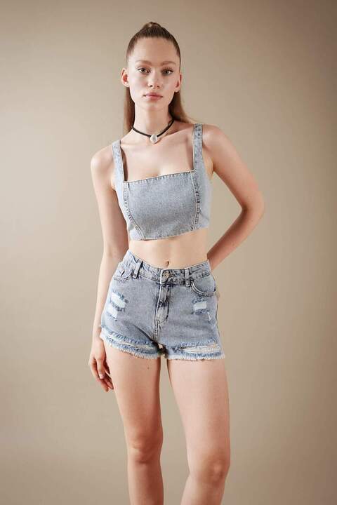 Defacto Crop Kare Yaka %100 Pamuk Jean Bluz A8524AX23HS