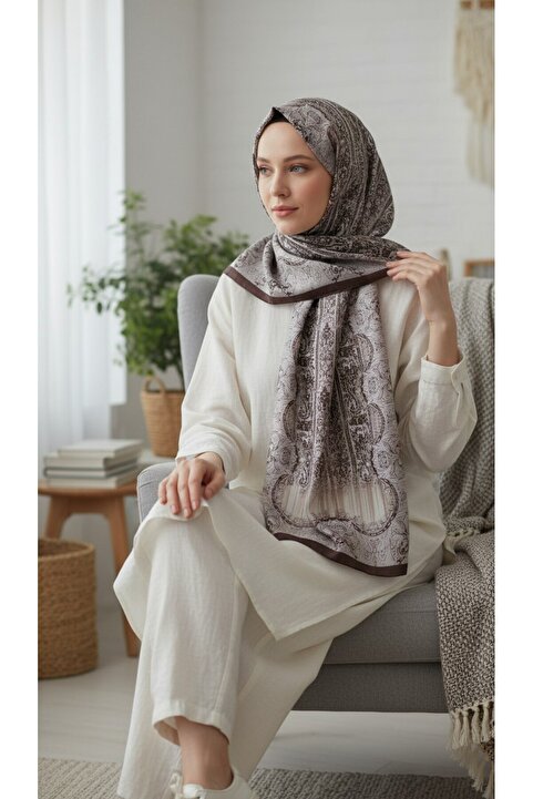 LEİLA SCARF İthal Vual İpek Şal Kahve Krem şal 75x180cm