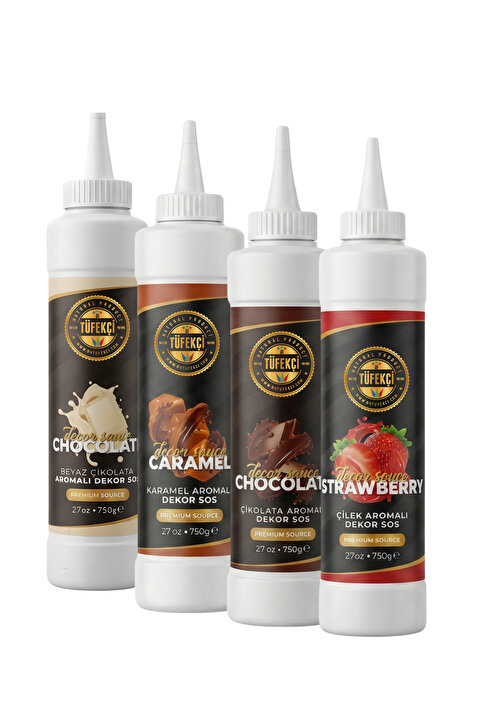 By Tüfekçi 4’lü Dekor Sos Avantajlı Paket 750 Gr x 4 | Çilek, Karamel, Çikolata, Beyaz Çikolata Tatlı ve Pasta Sosu